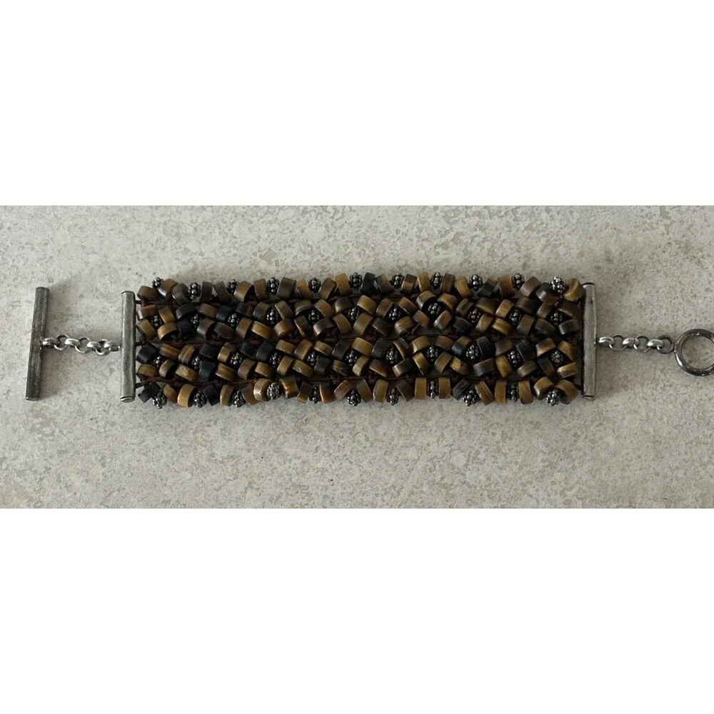 Kenneth Cole Wide Multistrand Brown Beaded Bracelet Signed with T Clasp